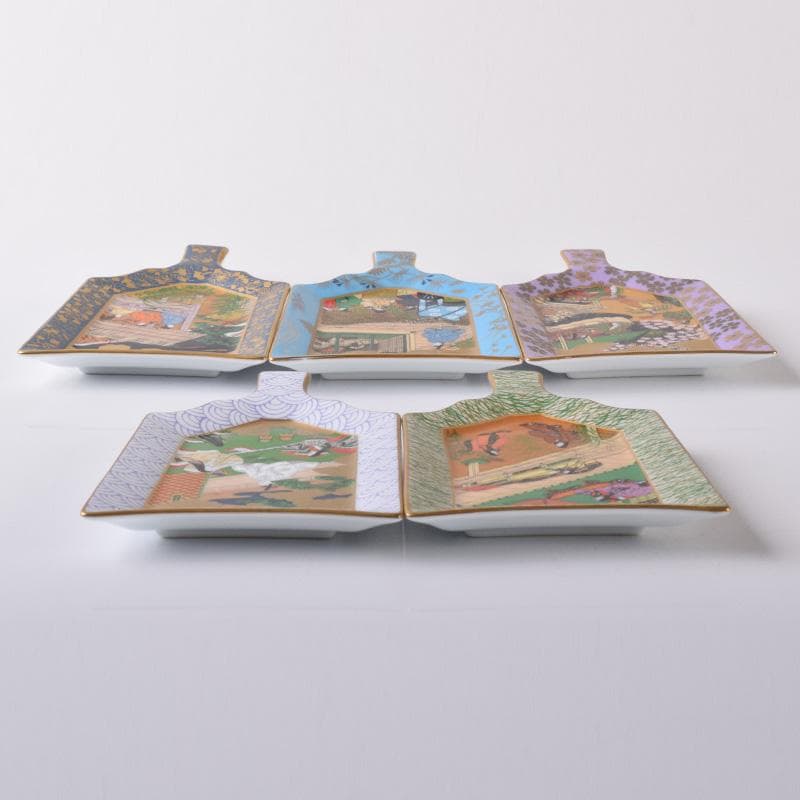 茶道具　栗野芳葉作　色絵　源氏物語絵巻図　羽子板小皿　五客　共箱　V　7784