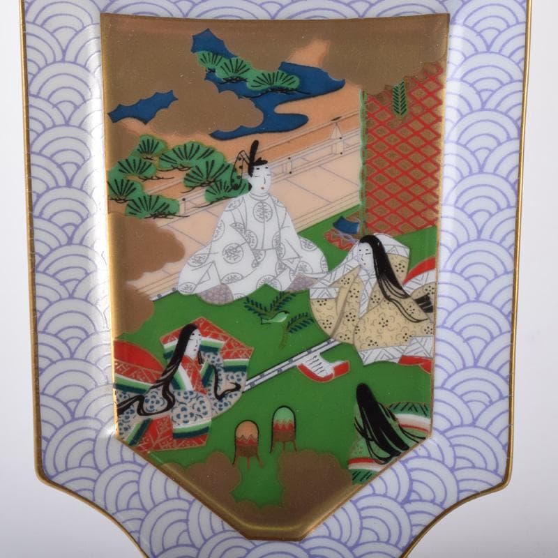 茶道具　栗野芳葉作　色絵　源氏物語絵巻図　羽子板小皿　五客　共箱　V　7784