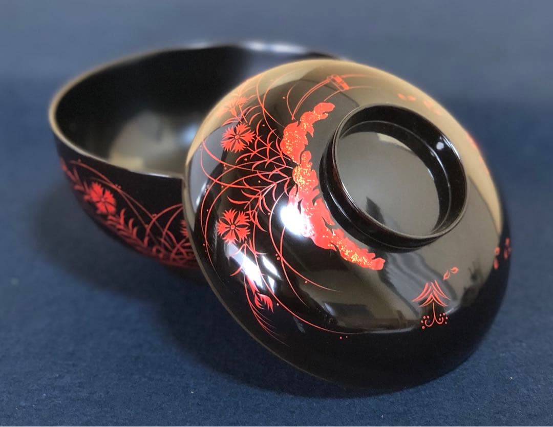 《レ》秋草蒔絵 吸物椀5客 在銘 木製漆器 時代 共箱　251104う3