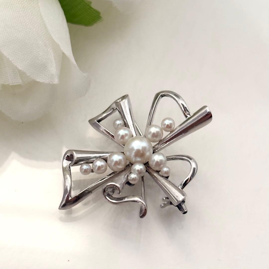 248【ミキモト】シルバー　パール　ブローチ