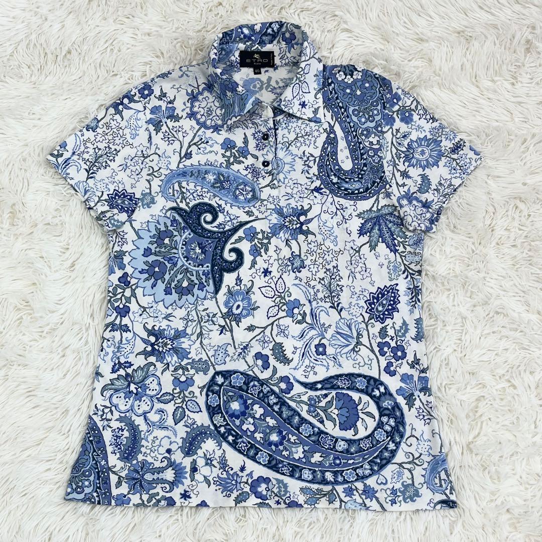 ETRO ペイズリー柄 半袖ポロシャツ ロゴ刺繍 46 大きいサイズ レディース