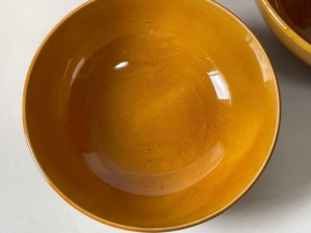 骨董　アンティーク　珉平焼　民平　山吹色　三つ組　入れ子　鉢　ボウル　器