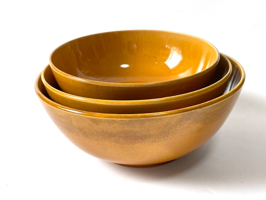 骨董　アンティーク　珉平焼　民平　山吹色　三つ組　入れ子　鉢　ボウル　器