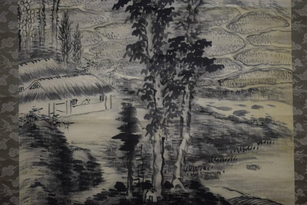 模写/田能村直入/山水画賛/杉箱二重箱付/布袋屋掛軸HF-357