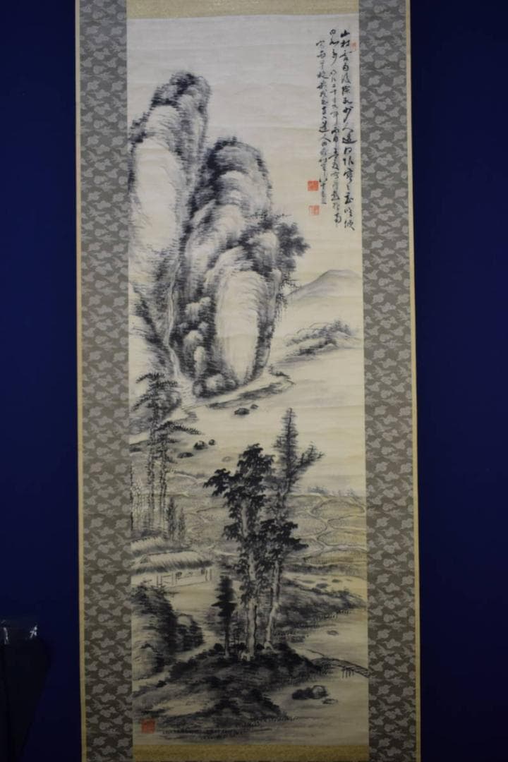 模写/田能村直入/山水画賛/杉箱二重箱付/布袋屋掛軸HF-357