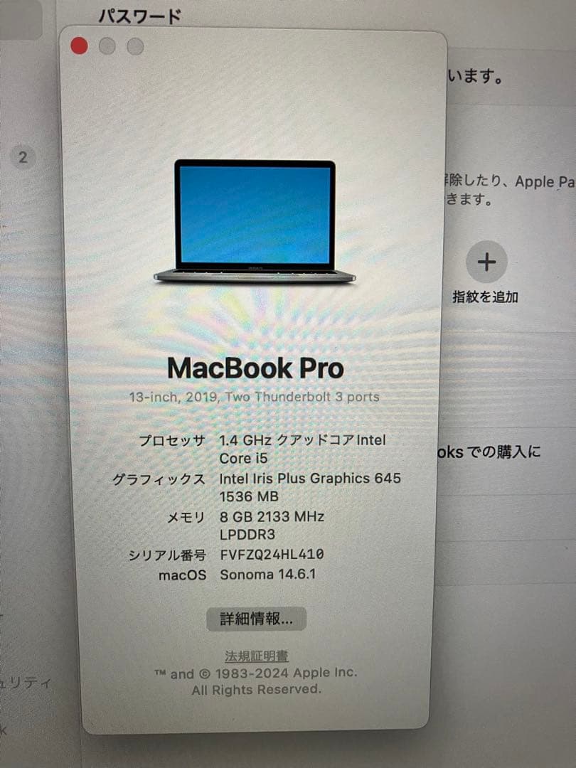 MacBook Pro 13インチ,2019Thunderbolt3ポート×2