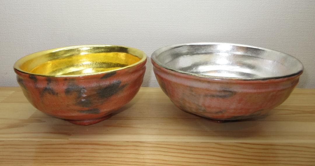 送料込【逢絢亭】茶道具 嶋台茶碗 楽焼 赤楽 金銀一双 佐々木松楽 共箱入り