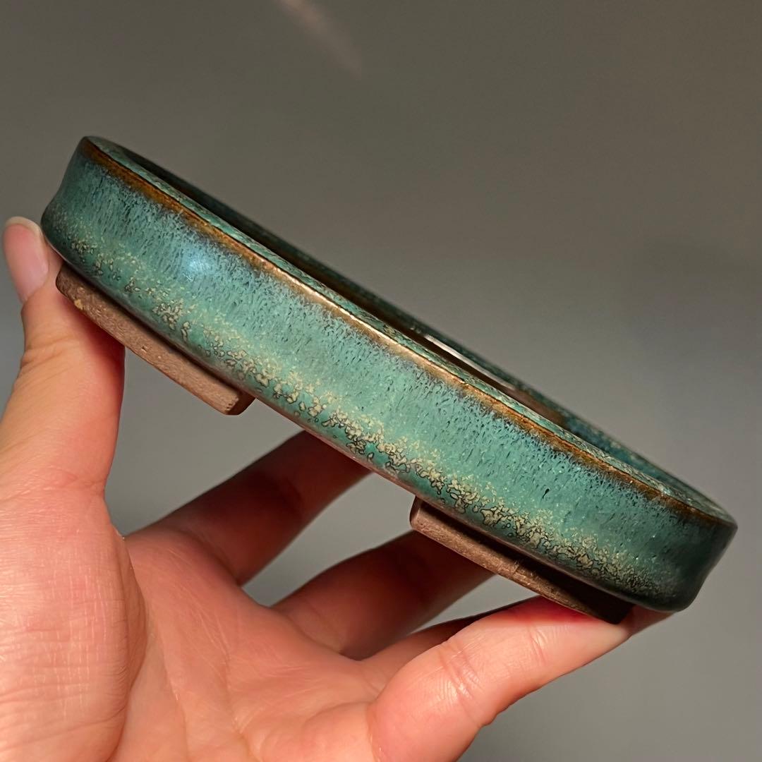 805.平安虹泉 窯変織布釉楕円 盆栽鉢 植木鉢 13.8*10.8*2.8cm