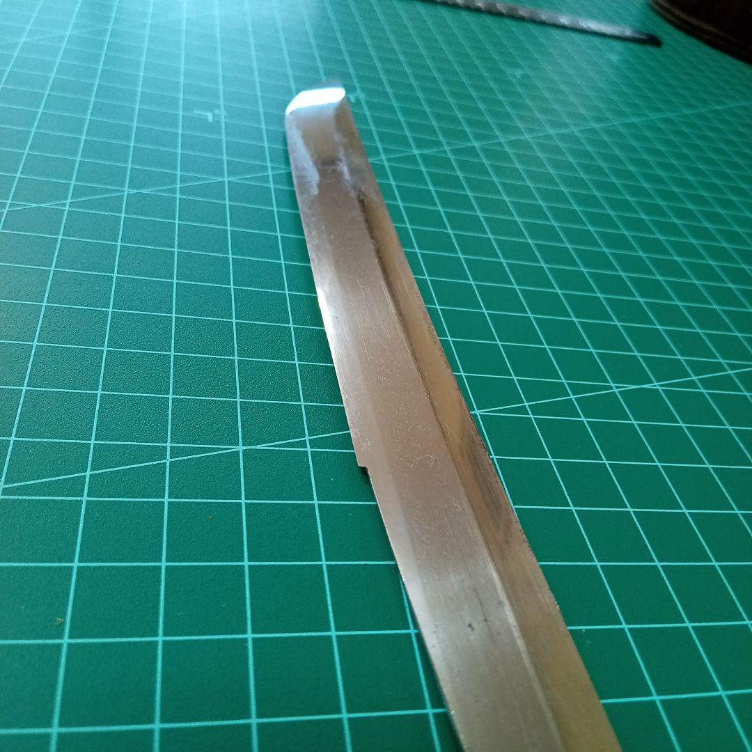 【ナイフ加工用玉鋼/合法サイズ】無銘脇差/錆身日本刀切先部分残欠／刃文直刃