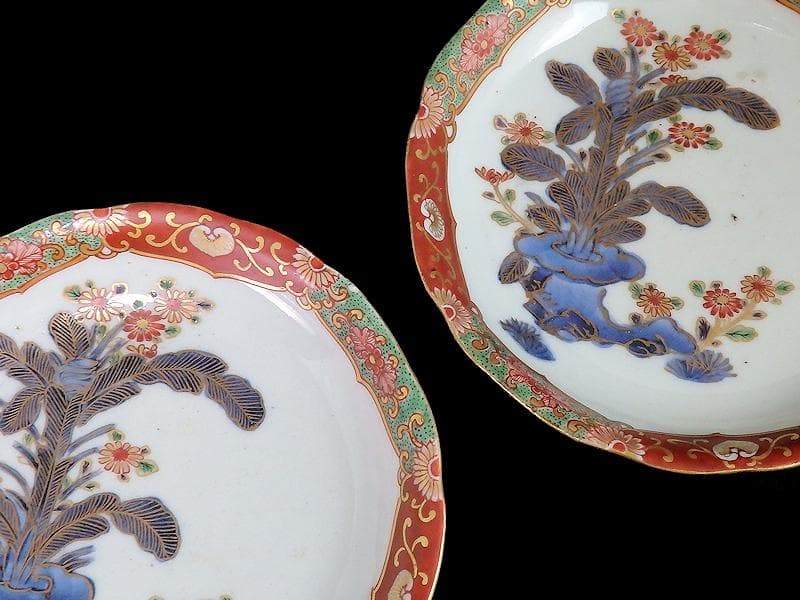 古伊万里　色絵　芭蕉葉に花の図　５寸皿　２枚　A674AS-CFw