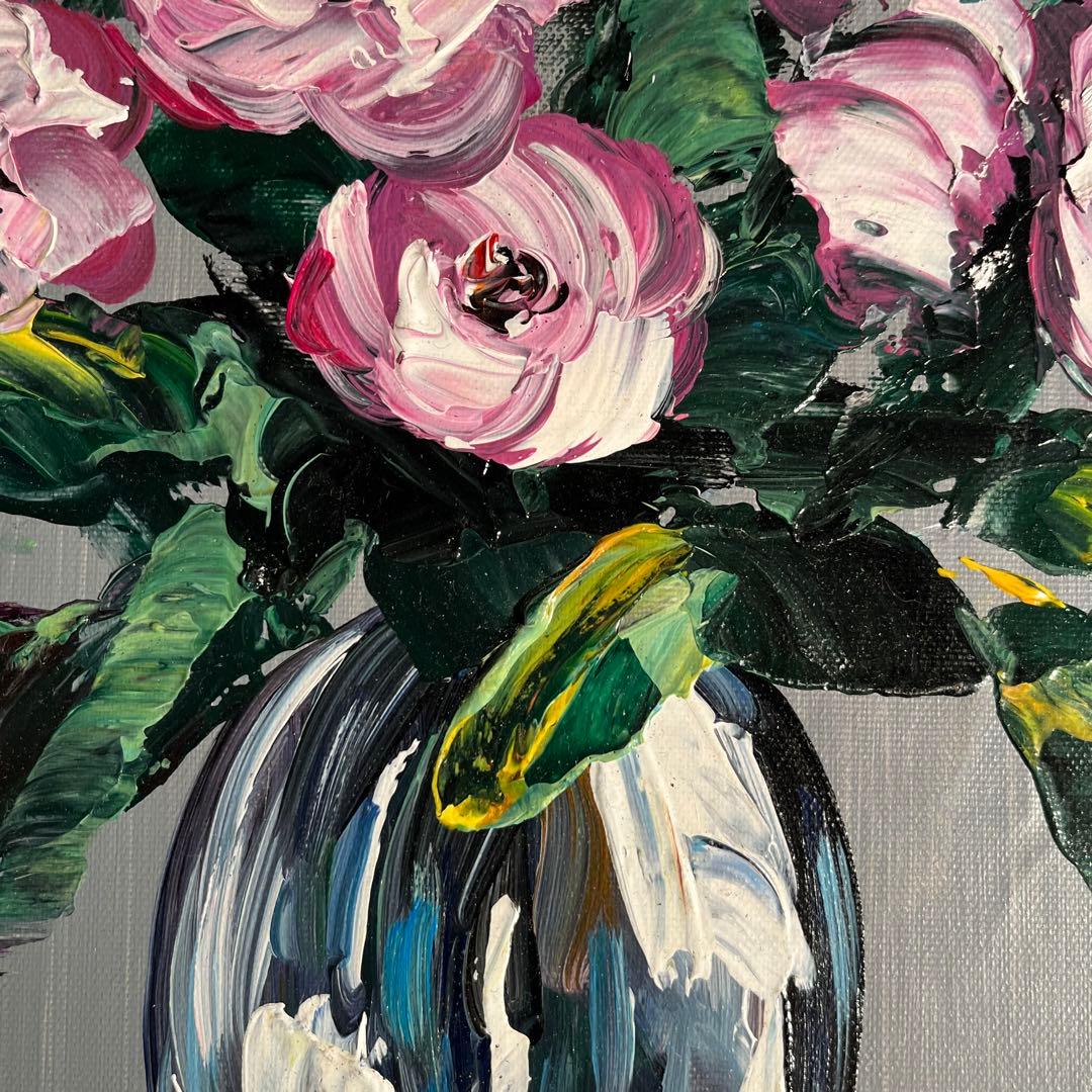 手書き油絵 花瓶の花 額付き 肉筆絵画 インテリア 油彩画