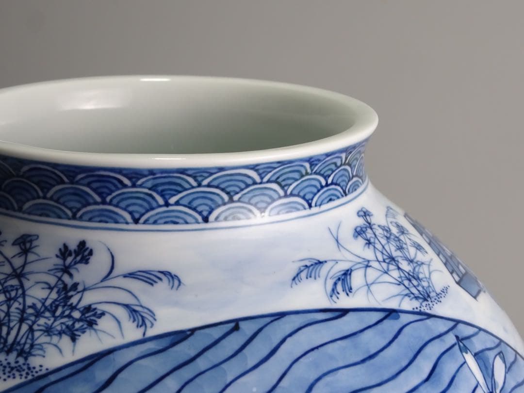 有田焼　名工　村上玄輝　秀逸作　染付　鳥獣戯画図写　花瓶　共箱　花器　壷　花入