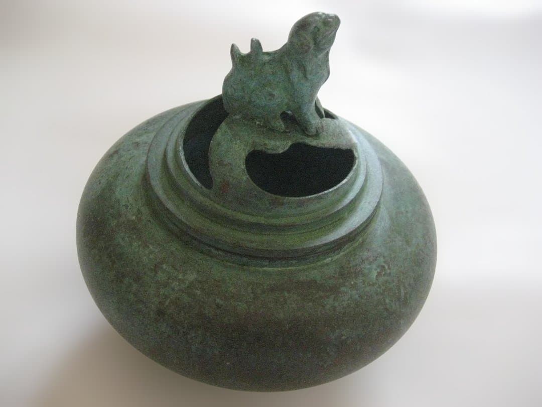 青銅錆色の香炉　高岡 正晴堂作 「天に吠える獅子」