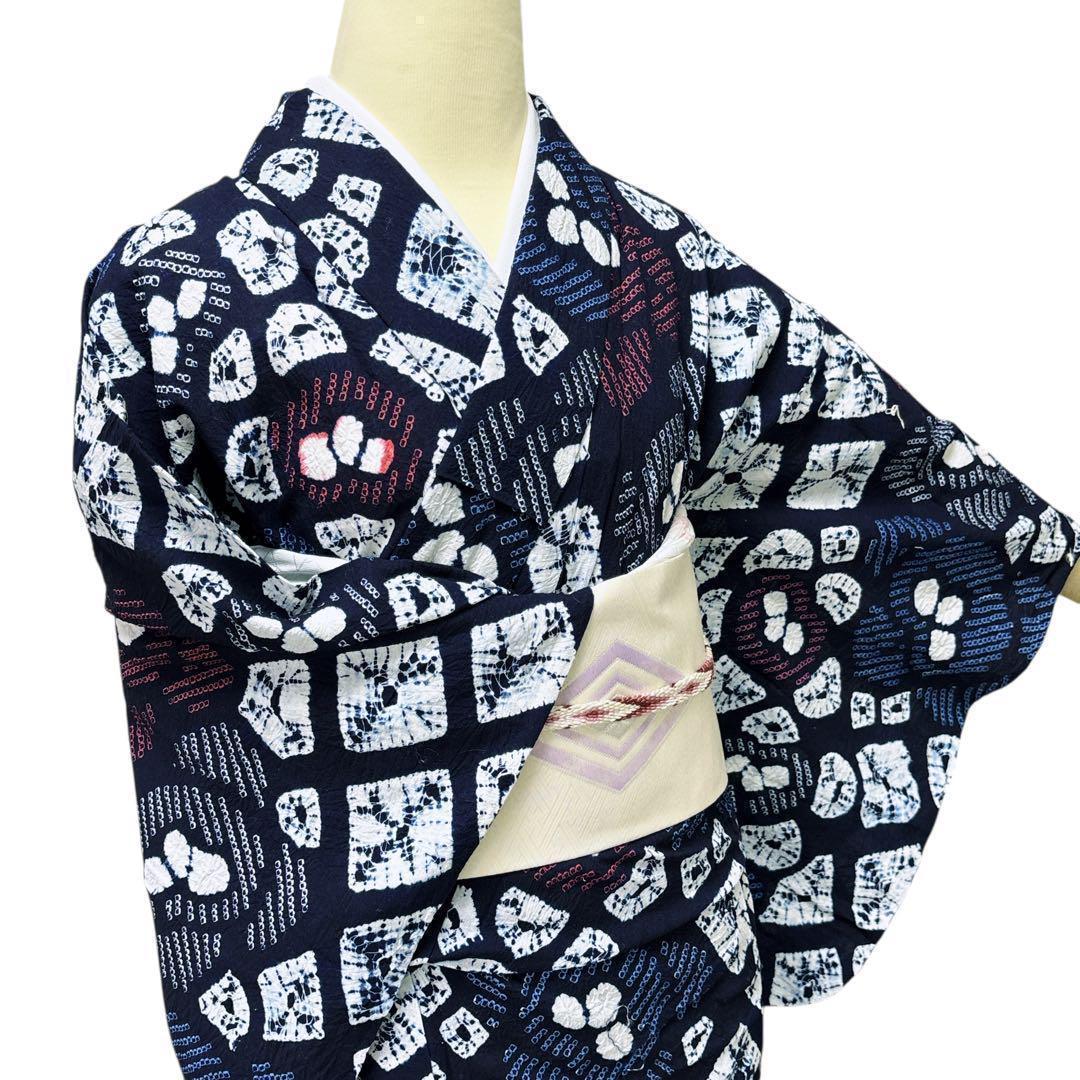 A61 有松鳴海絞り 高級浴衣 花　綿　美品