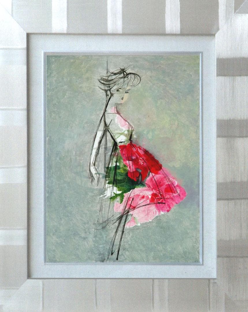 油絵 菅家令子 絵 絵画インテリア額付(青緑＋金色の枠) F4-071512女性