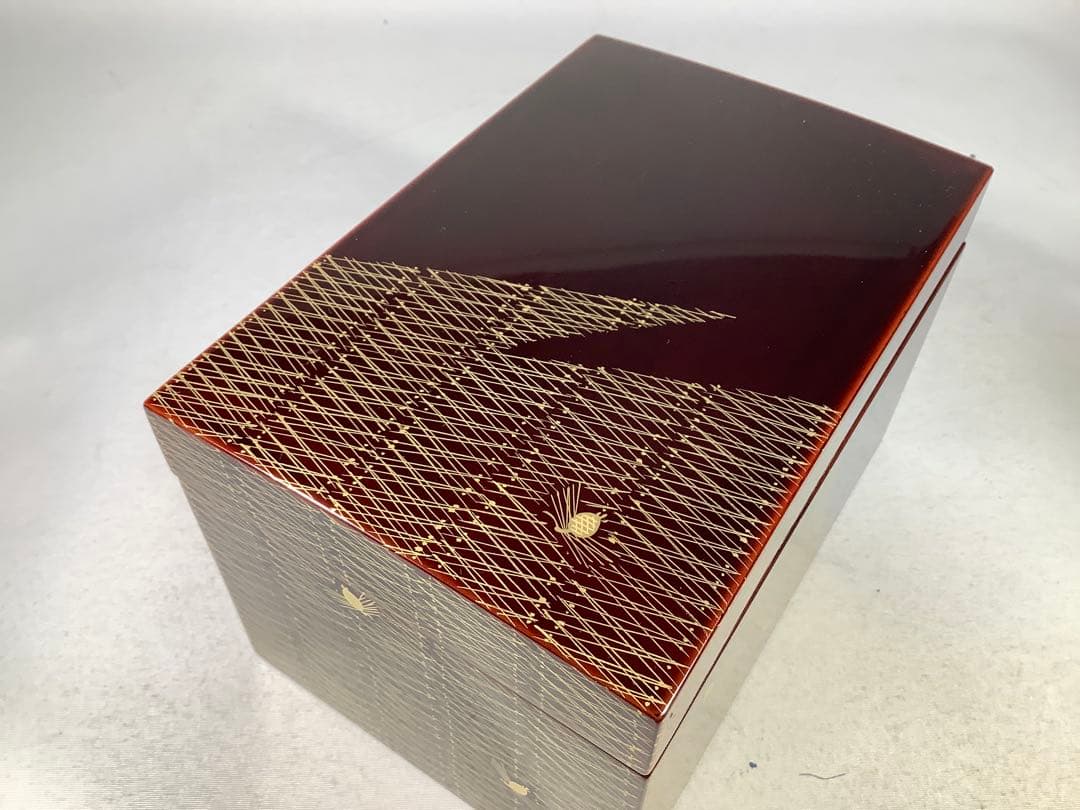 本漆手塗　松笠松葉蒔絵　利休箱　木製溜塗　仁清扇面　手塚桐鳳