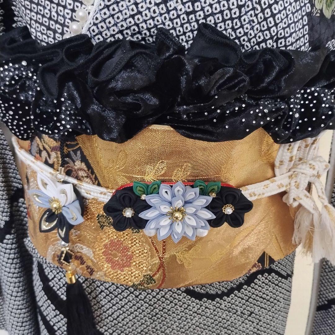 成人式　正絹振袖フルセット　総絞り黒　刺繍　豪華　華やか　草履バックセット