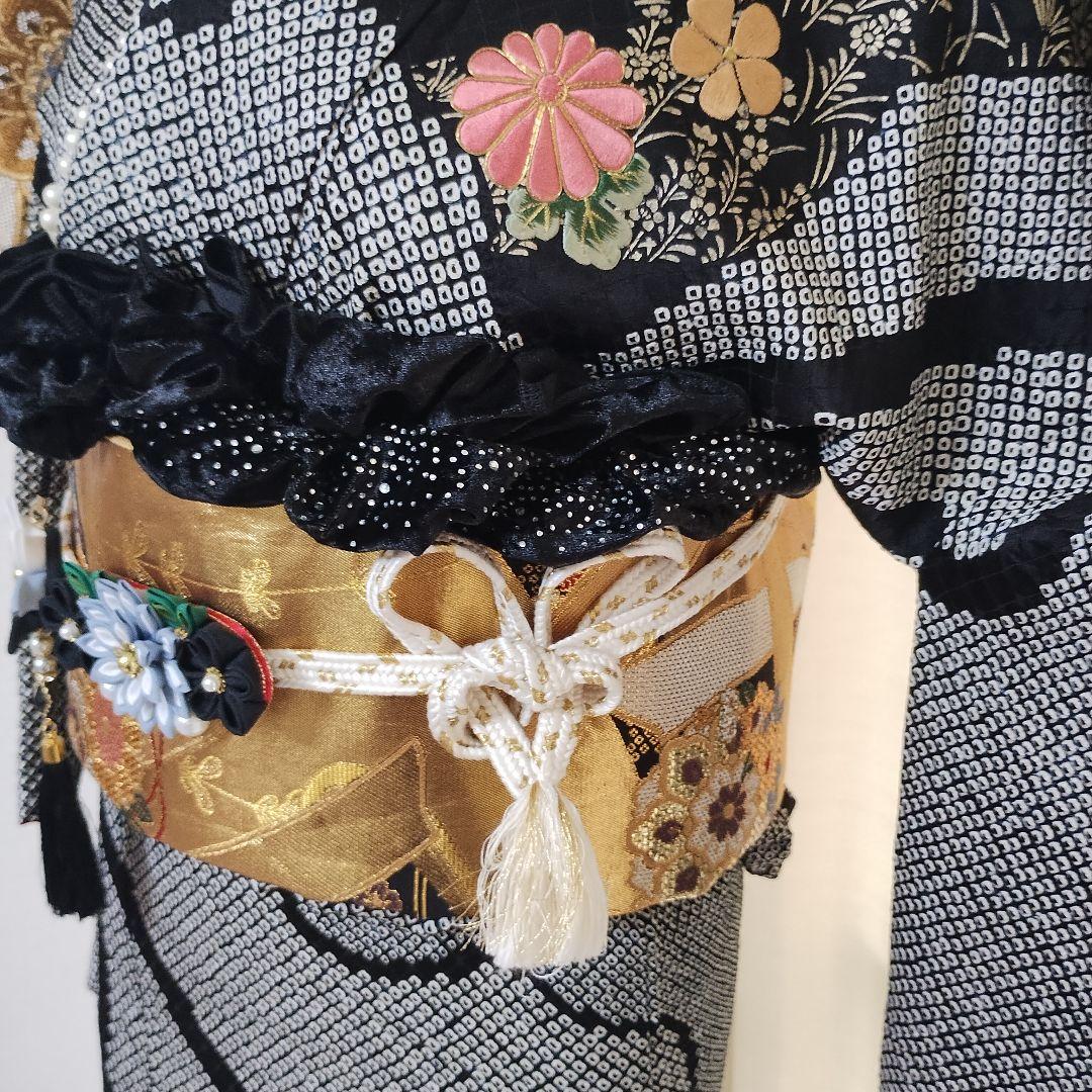 成人式　正絹振袖フルセット　総絞り黒　刺繍　豪華　華やか　草履バックセット