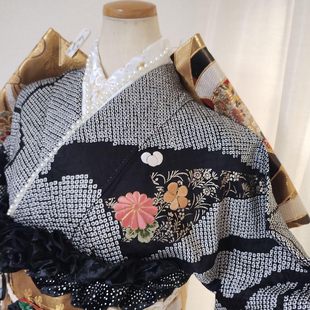 成人式　正絹振袖フルセット　総絞り黒　刺繍　豪華　華やか　草履バックセット