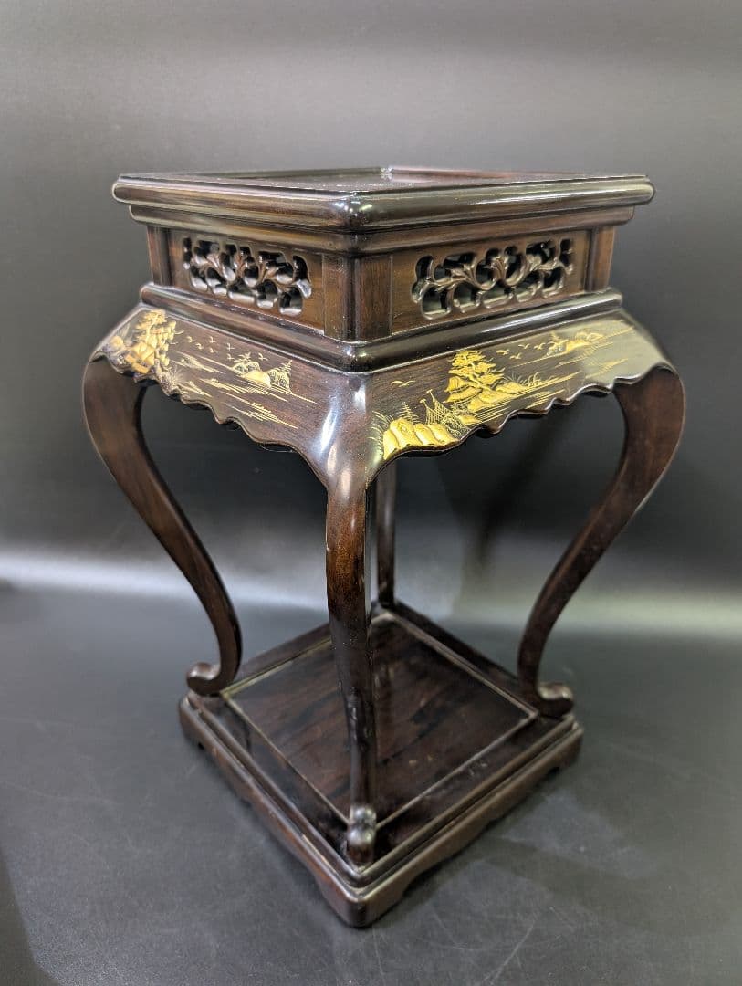 大名道具 唐木 猫脚 木製 透かし彫 花台 高卓 無垢材 黒檀　高蒔絵 螺鈿細工