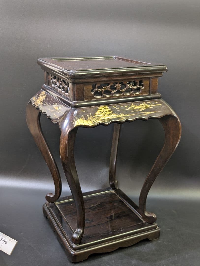 大名道具 唐木 猫脚 木製 透かし彫 花台 高卓 無垢材 黒檀　高蒔絵 螺鈿細工