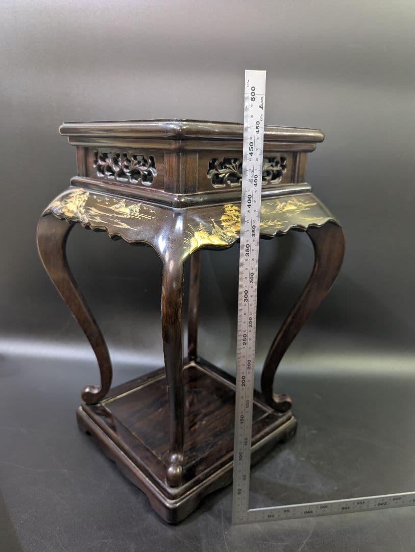 大名道具 唐木 猫脚 木製 透かし彫 花台 高卓 無垢材 黒檀　高蒔絵 螺鈿細工
