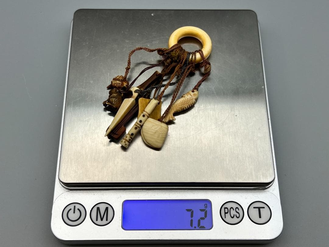 江戸期　レアミニ根付　天然素材　魚　貝　三味線　笛　傘　兎　10点　アンティーク