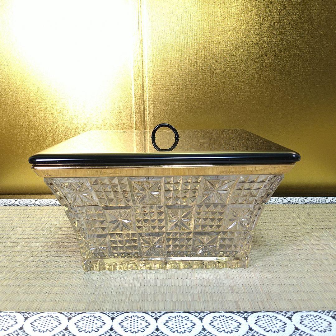 義山水指水差しガラス硝子四方真漆蓋付水崎長寿作金彩縁金切子未使用共箱共布茶道具