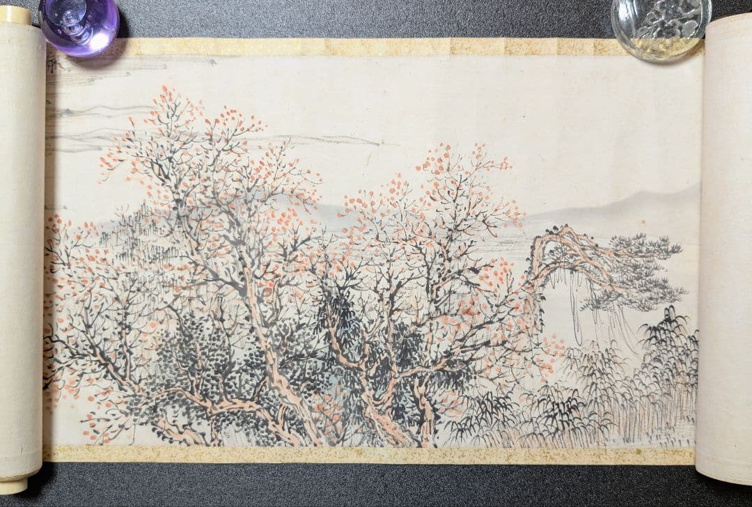 疎林秋晩 落款 銘あり 巻物 支那 紙本 風景 山水 肉筆 中国美術