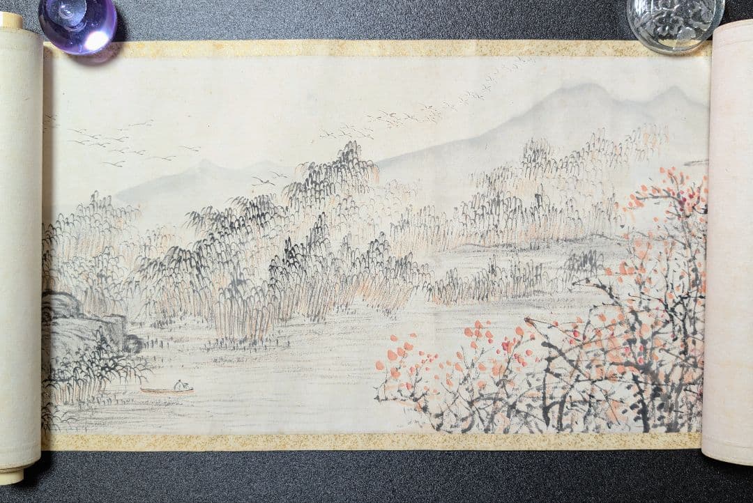 疎林秋晩 落款 銘あり 巻物 支那 紙本 風景 山水 肉筆 中国美術