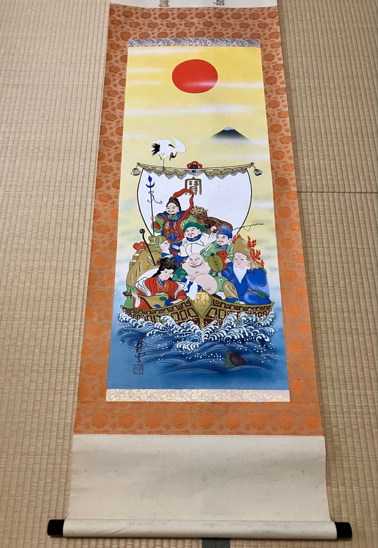 ウォーターライト　佐藤静雲筆 七福神宝船 肉筆絹 本掛軸 共箱 ビンテージ