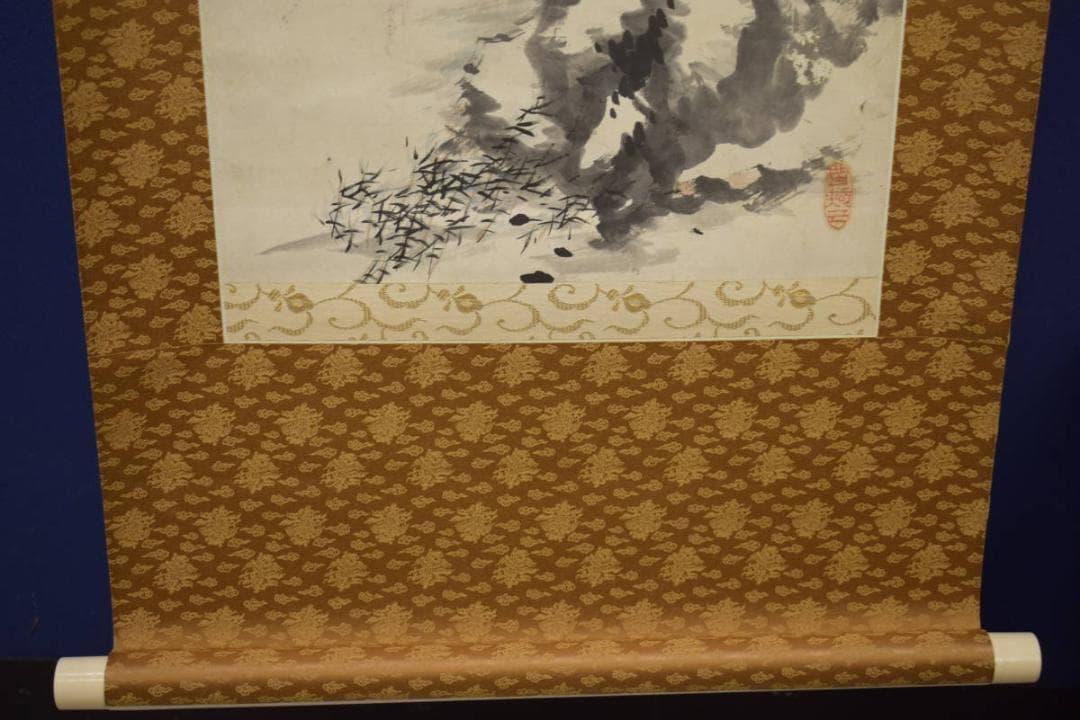 真作/河村虹外/山水/人物/帆船/画賛/布袋屋掛軸HI-923