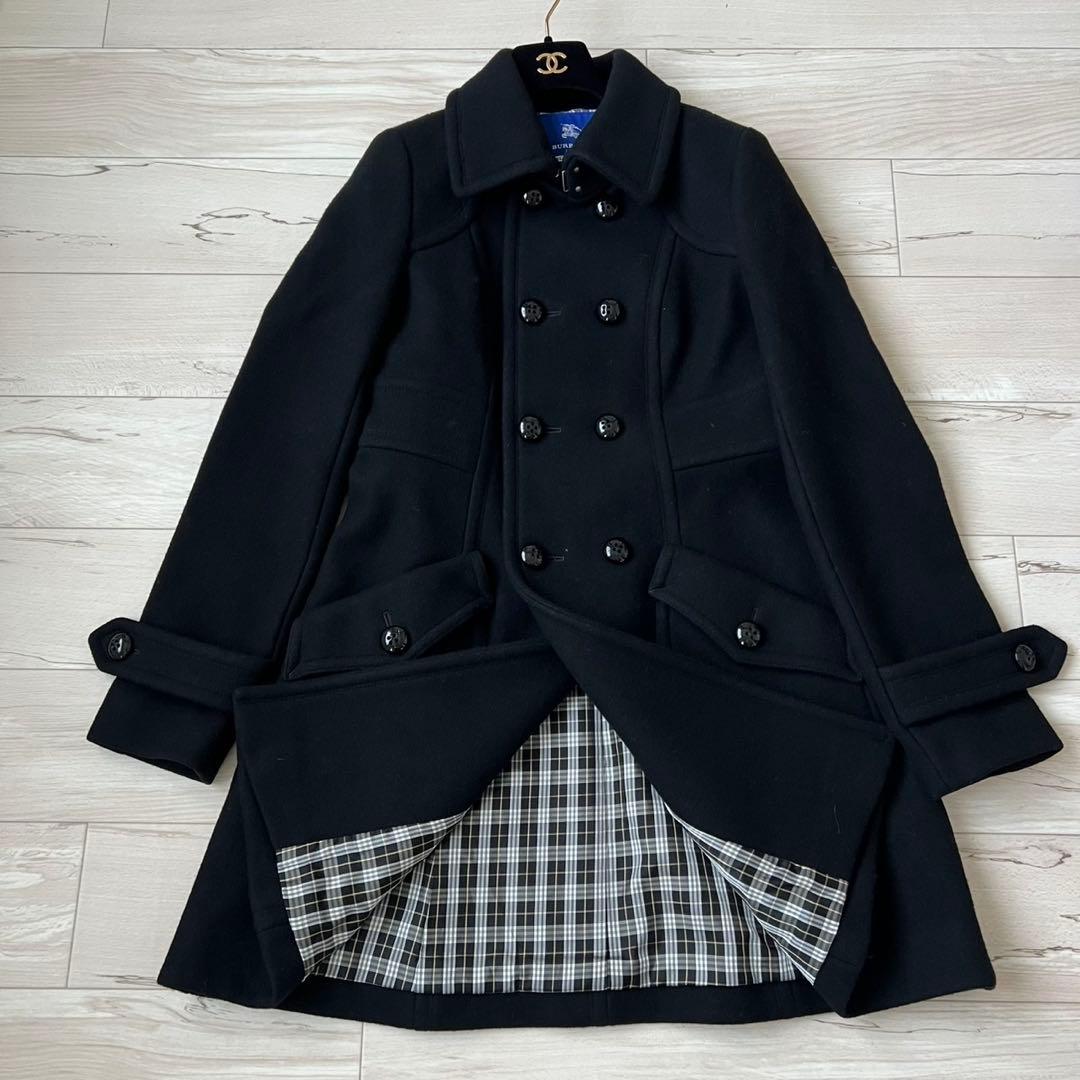 バーバリーブルーレーベル　ダブルブレスト　ロングコート　チェック　ウール