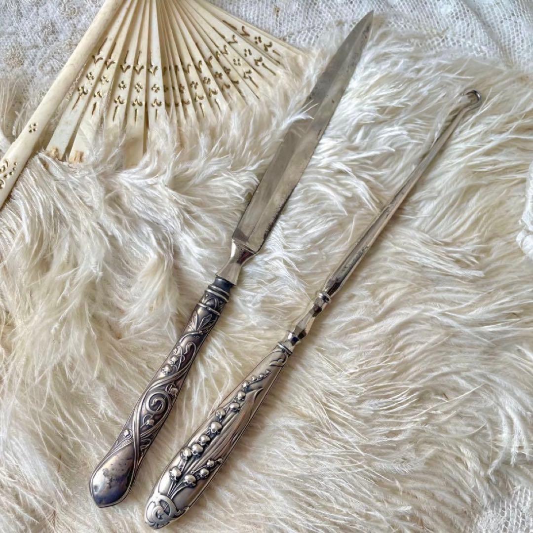 すずらんレリーフレターオープナー&シューボタンフック 2点　フランスアンティーク