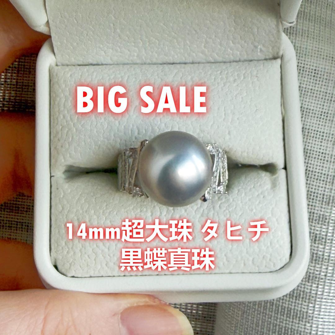 【本真珠】14mm超大珠 タヒチ黒蝶真珠 プラチナグレー リング 豪華18kGP
