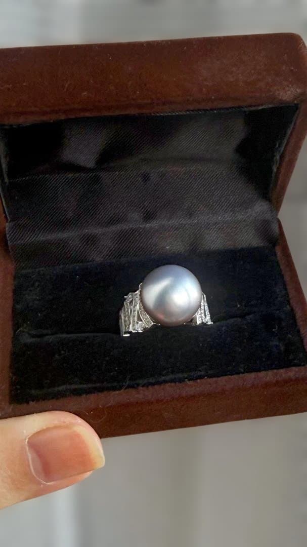 【本真珠】14mm超大珠 タヒチ黒蝶真珠 プラチナグレー リング 豪華18kGP