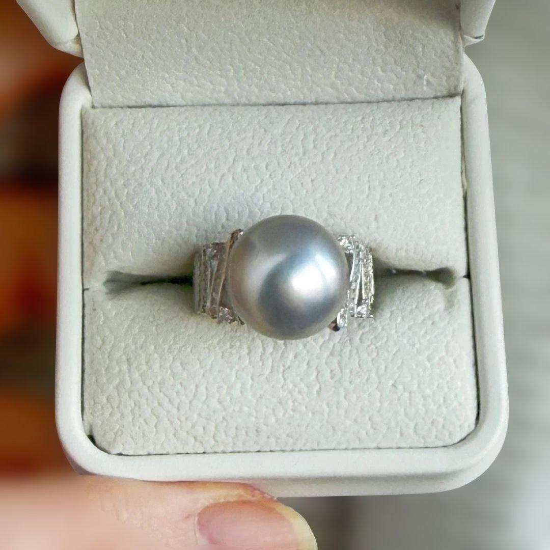 【本真珠】14mm超大珠 タヒチ黒蝶真珠 プラチナグレー リング 豪華18kGP