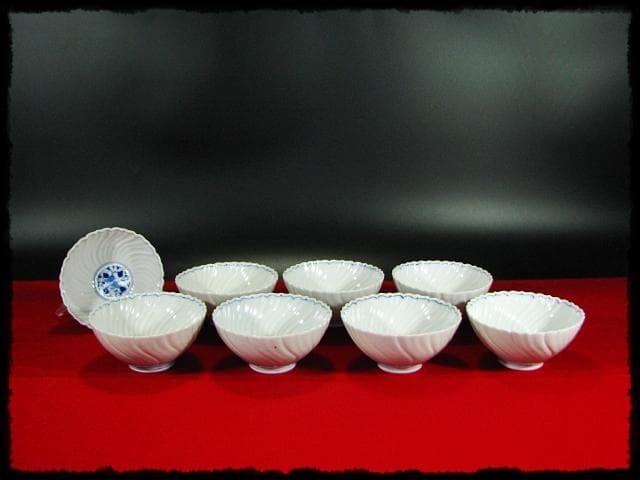 鳳樹軒 高島 文平 染付 稜花 花弁 向付 白磁 茶道具 懐石 器物 d41