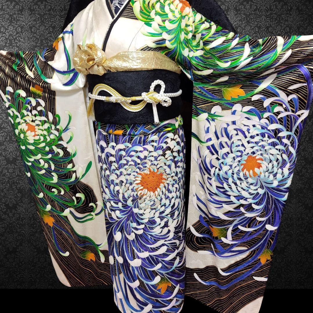 振袖フルセット(7点)・成人式・大輪花模様・金彩加工・金駒刺繍・正絹・逸品