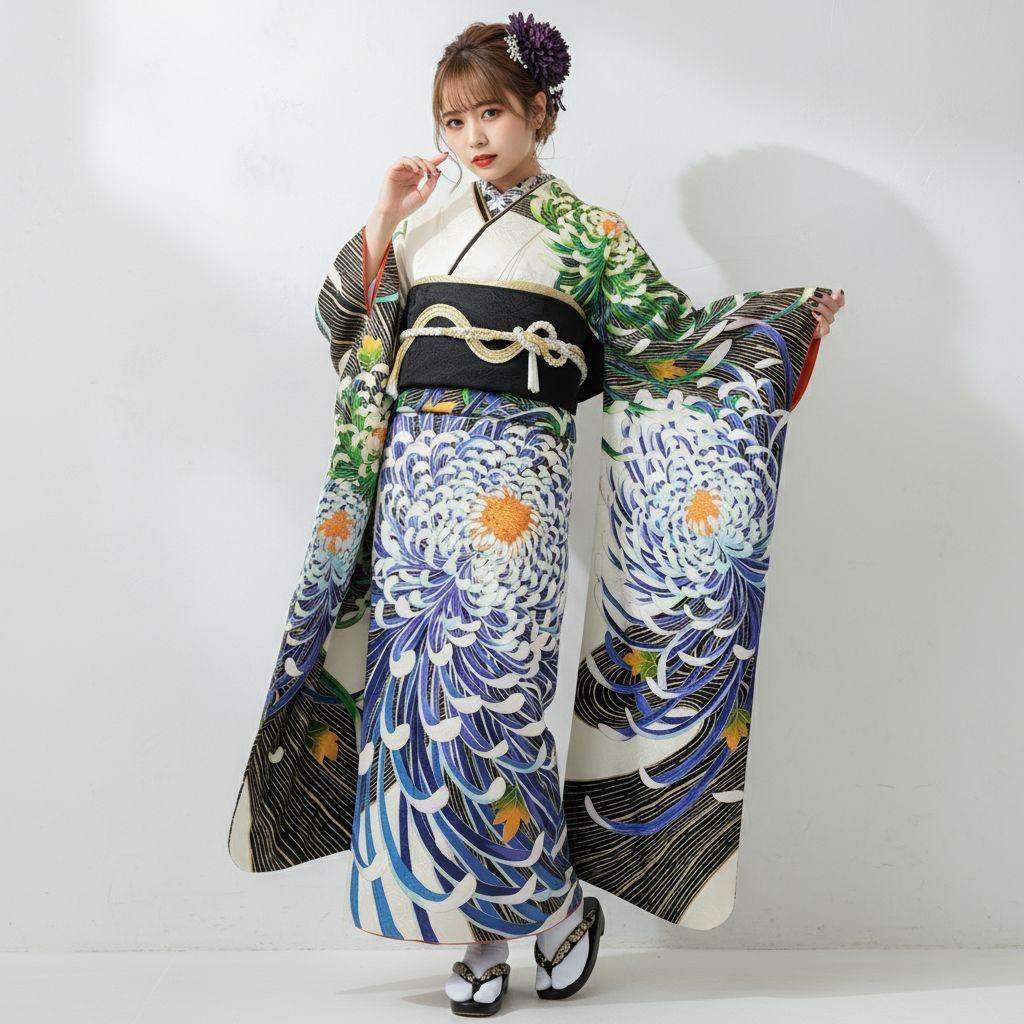 振袖フルセット(7点)・成人式・大輪花模様・金彩加工・金駒刺繍・正絹・逸品