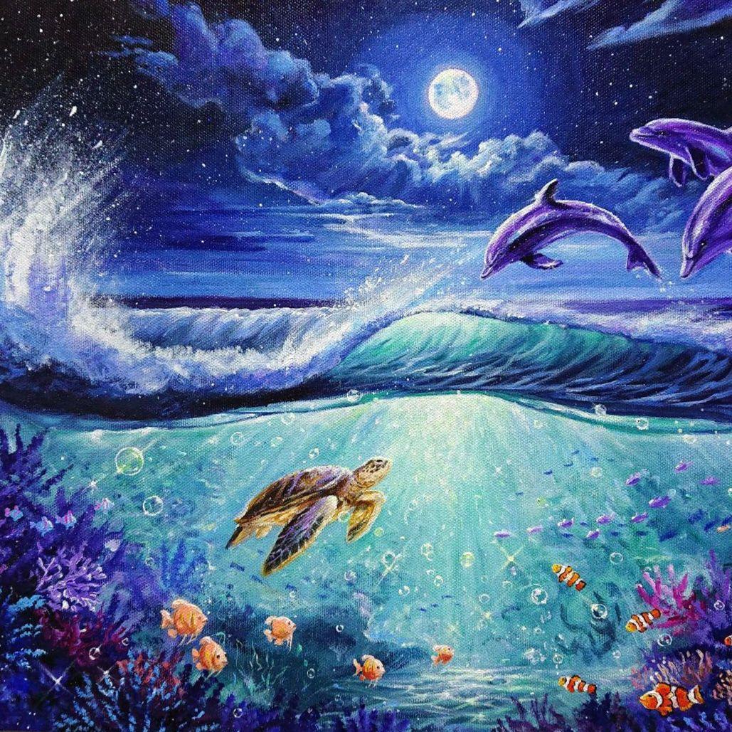 【月夜に輝く海の世界】アクリル画 F6 風景画 絵画 動物画 海の絵
