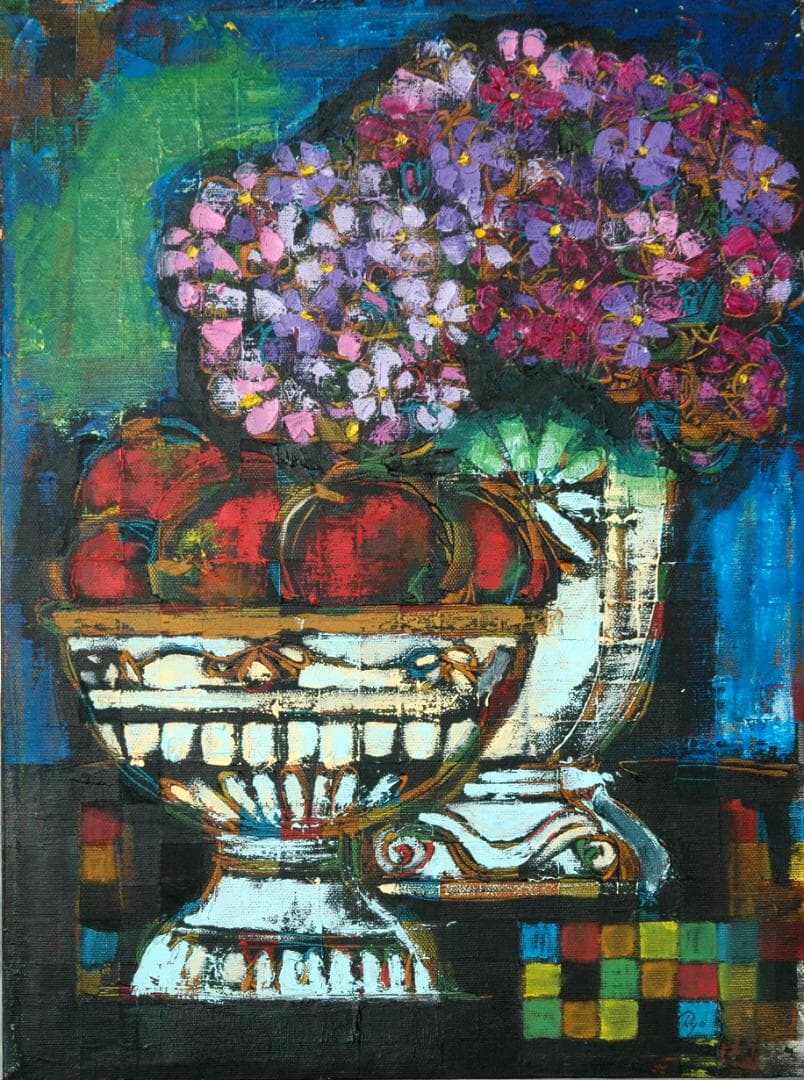 油絵 菅家令子 絵 絵画インテリア額付(黒) uF6-063504 静物花果物器