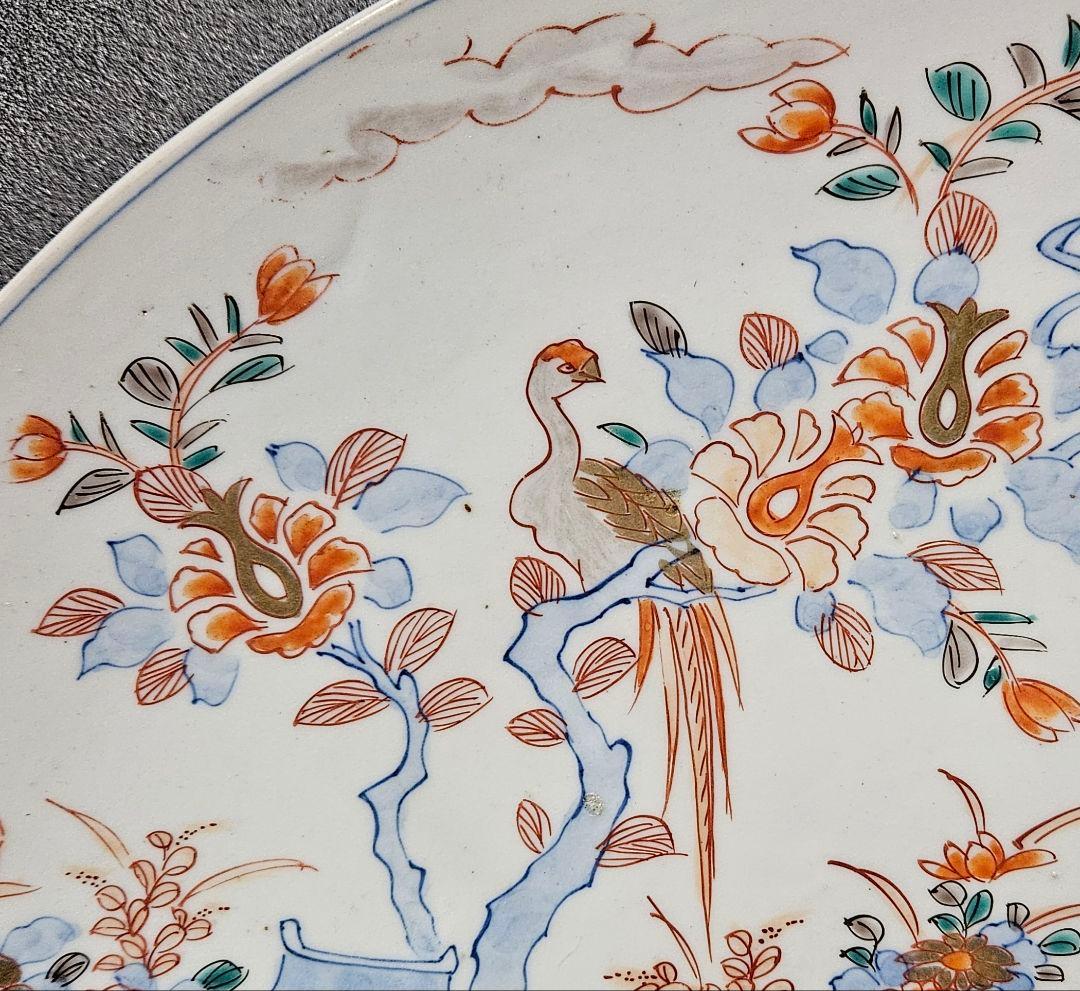 1尺5寸大皿❗】江戸時代末期～明治初期　古伊万里　染錦　金彩色　鶏に尾長鳥図大皿