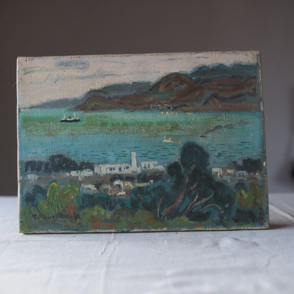 海と山の風景 油彩画 古道具