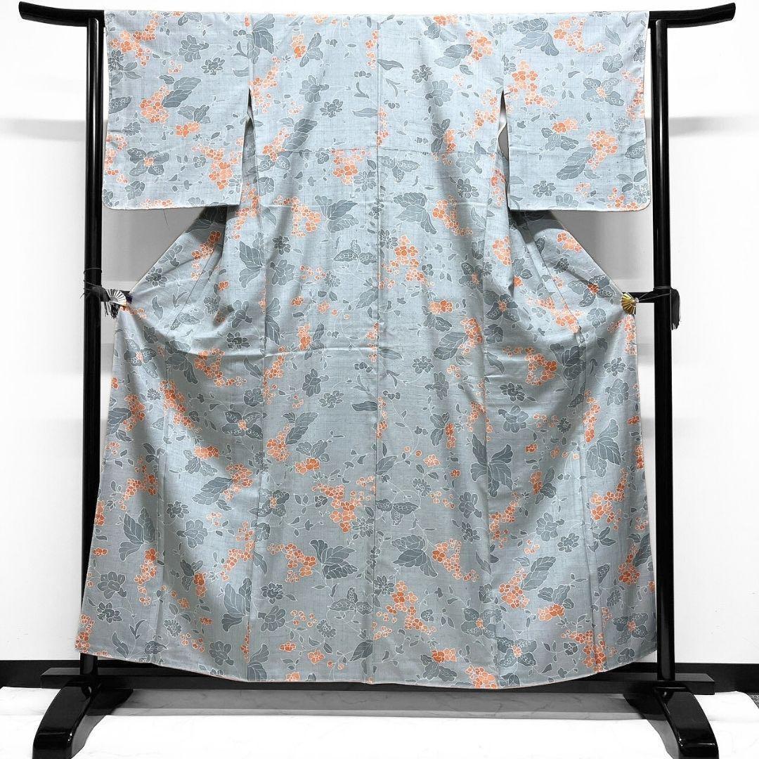 未着用　紬　唐花模様　蛍光オレンジ　小紋　花模様　着物　091w p