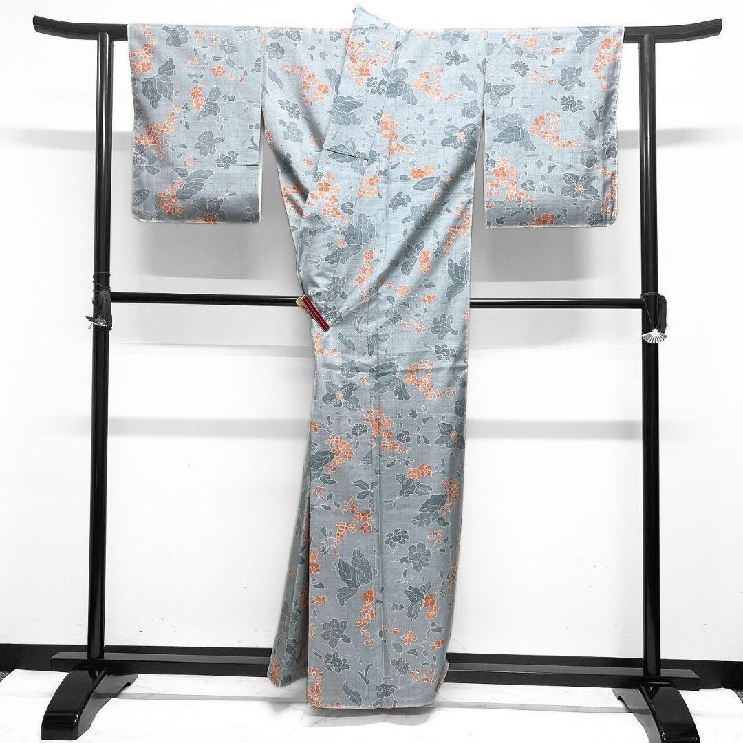 未着用　紬　唐花模様　蛍光オレンジ　小紋　花模様　着物　091w p