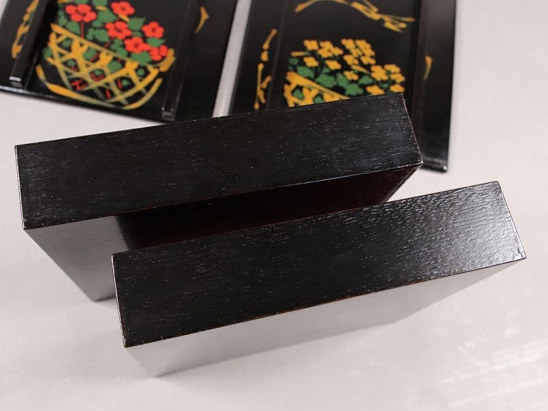 漆芸 山田平安堂 二代 呉藤友乗 花篭蒔絵 蓋物 五点 弁当箱 共箱 M837