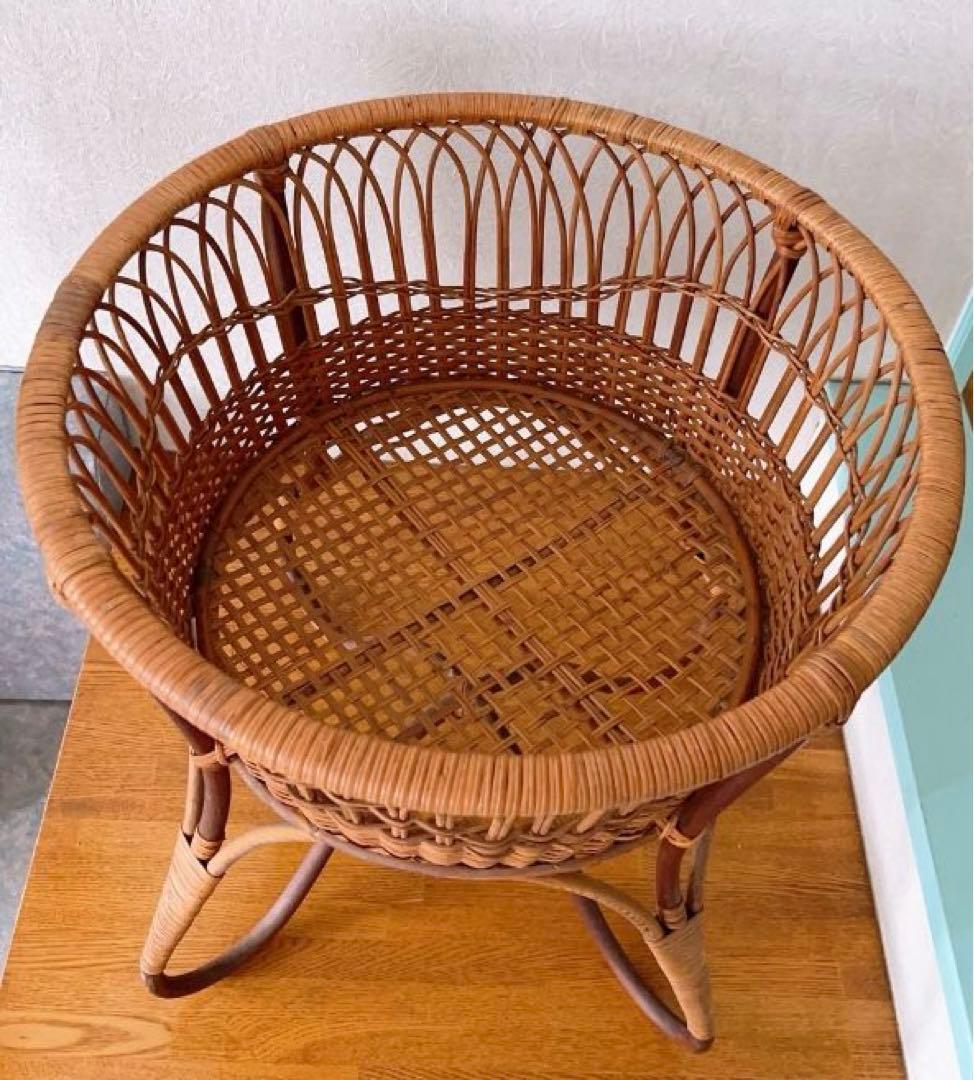脱衣かご ラタン 藤 ラック 希少 サークル 古道具