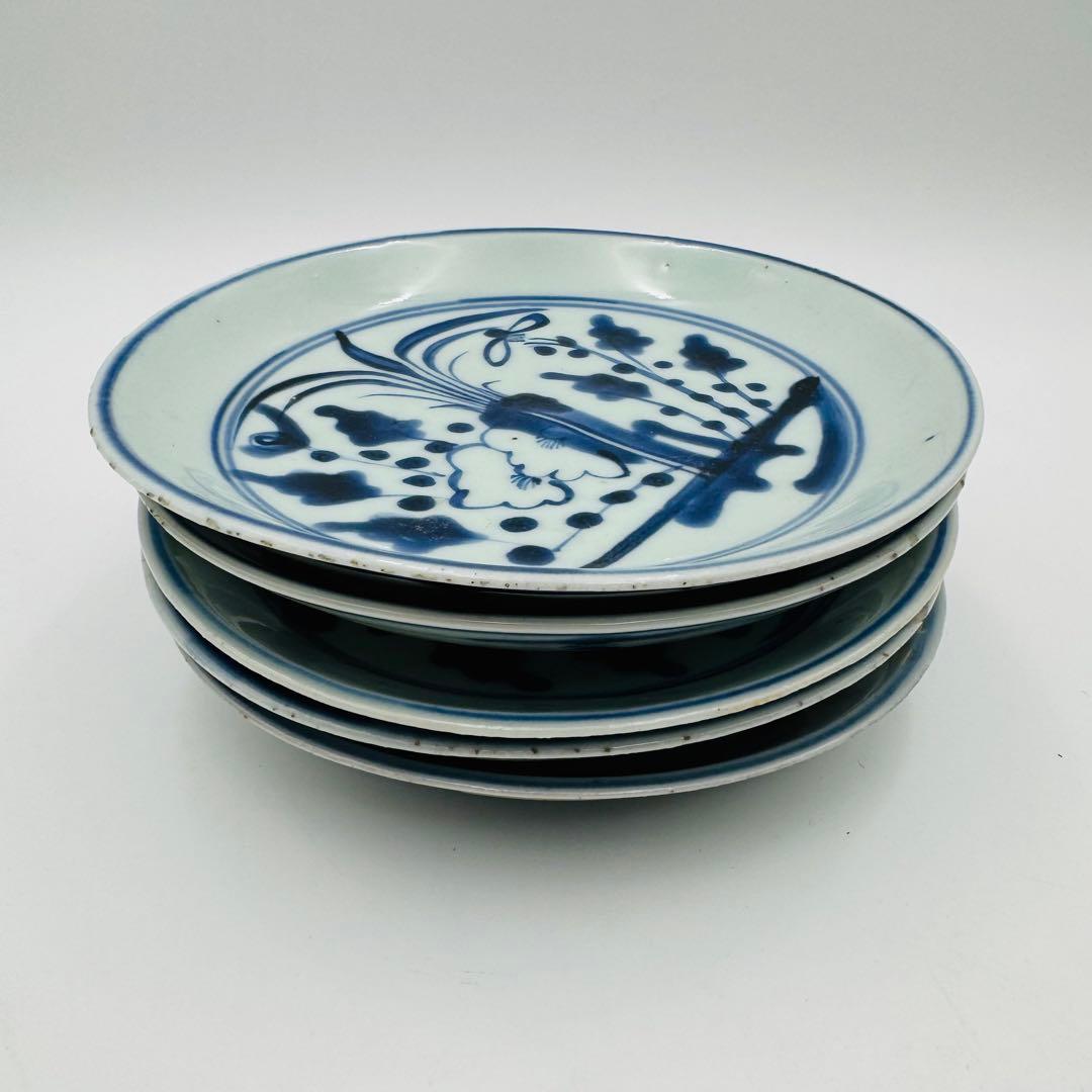 【明治　染付伊万里焼物皿　中皿　5客】時代　骨董　アンティーク