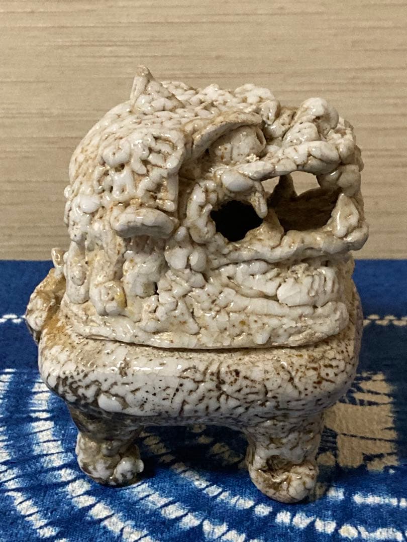 前川電光　唐獅子香炉　織部焼龍山窯